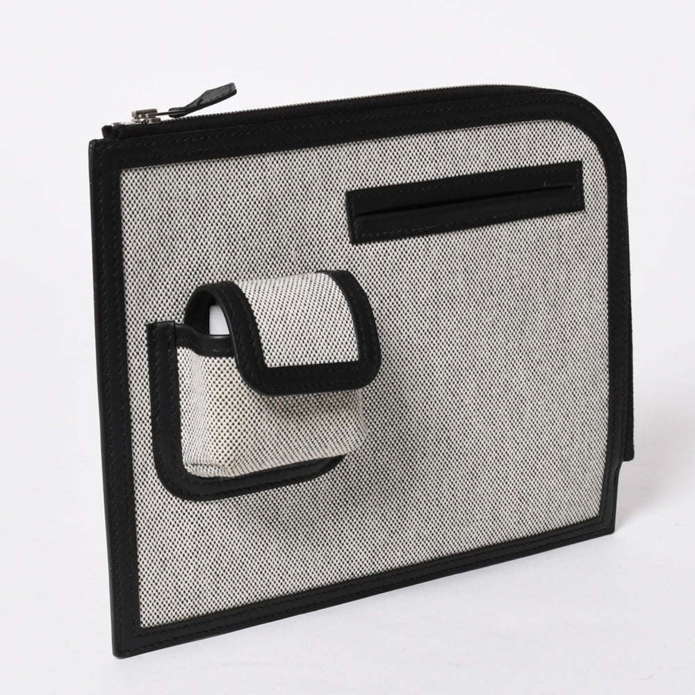新品同様 HERMES エルメス カーゴ ポケット ジップ ポーチ W刻印 トワルアッシュ ヴォースイフト ブラック エクリュ シルバー金具 中古 4a006926