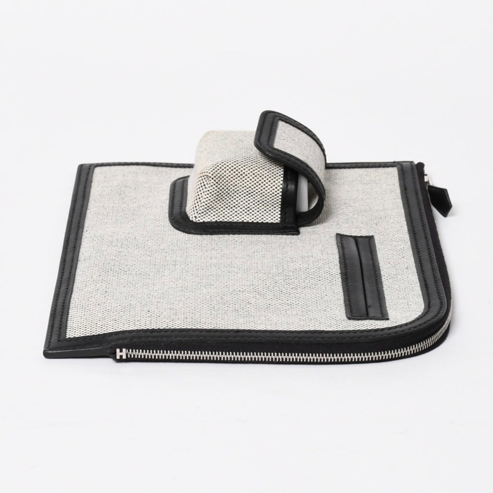Like new HERMES Cargo Pocket Zip Pouch W Engraved Toile Ash Vaux Swift Black Ecru Silver Hardware Used 4a006926