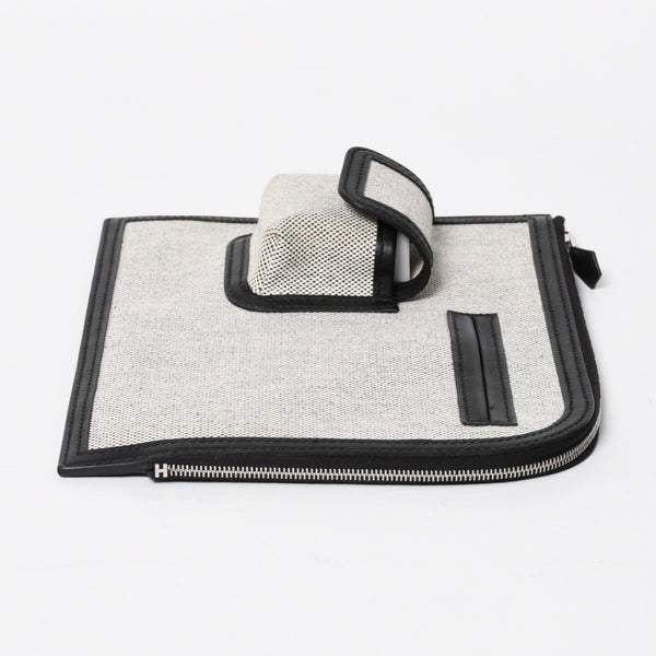 新品同様 HERMES エルメス カーゴ ポケット ジップ ポーチ W刻印 トワルアッシュ ヴォースイフト ブラック エクリュ シルバー金具 中古 4a006926