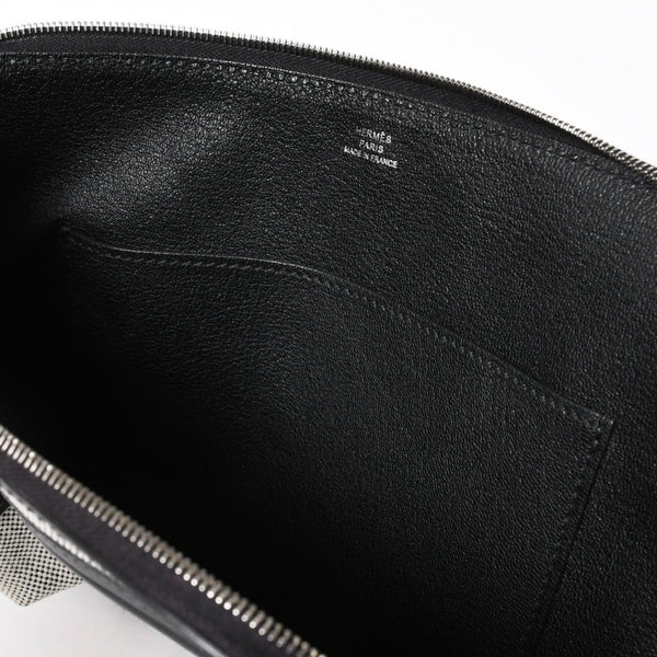 新品同様 HERMES エルメス カーゴ ポケット ジップ ポーチ W刻印 トワルアッシュ ヴォースイフト ブラック エクリュ シルバー金具 中古 4a006926