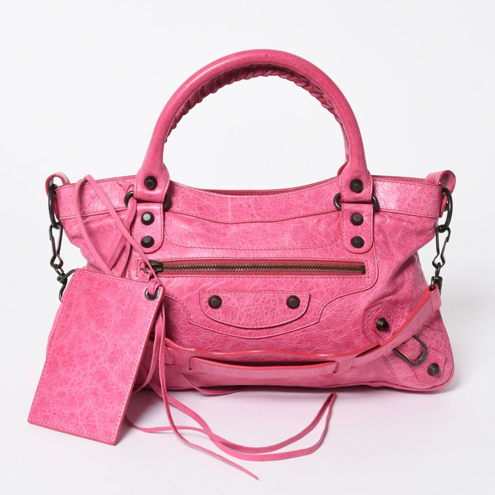 極美品 BALENCIAGA バレンシアガ ザ ファースト ハンドバッグ ショルダーバッグ 103208 ラムスキン ピンク メタルブラック金具 2way 中古 4a006911