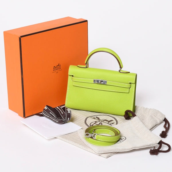 新品同様 HERMES エルメス タイニーケリー エプソン ショルダーバッグ キウイ キーホルダー ◻︎O刻印 中古 4a006856