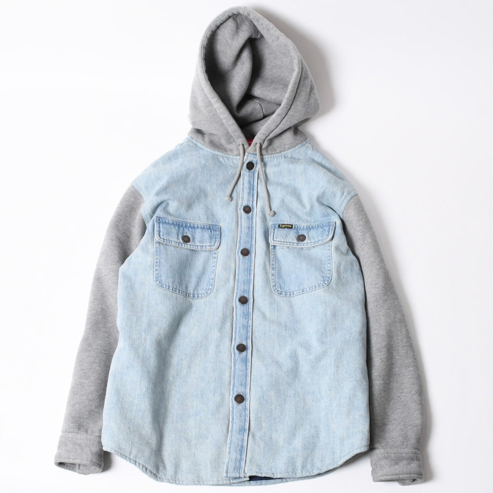 極美品 SUPREME シュプリーム フリースフーデッド デニムシャツ RN101837 Sサイズ フリース ウォッシュ加工 キルティング グレー インディゴブルー 中古 4a006866