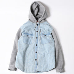 極美品 SUPREME シュプリーム フリースフーデッド デニムシャツ RN101837 Sサイズ フリース ウォッシュ加工 キルティング グレー インディゴブルー 中古 4a006866