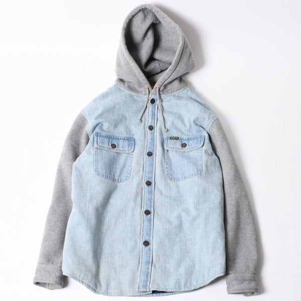極美品 SUPREME シュプリーム フリースフーデッド デニムシャツ RN101837 Sサイズ フリース ウォッシュ加工 キルティング グレー インディゴブルー 中古 4a006866