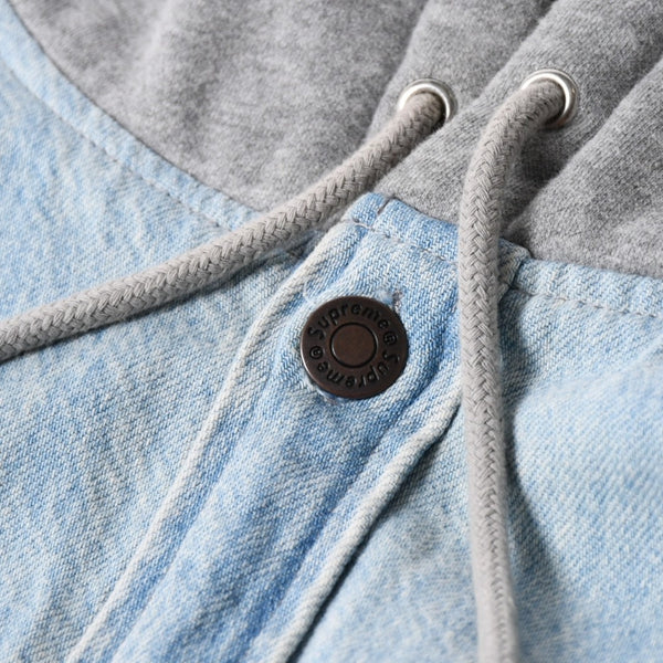 極美品 SUPREME シュプリーム フリースフーデッド デニムシャツ RN101837 Sサイズ フリース ウォッシュ加工 キルティング グレー インディゴブルー 中古 4a006866
