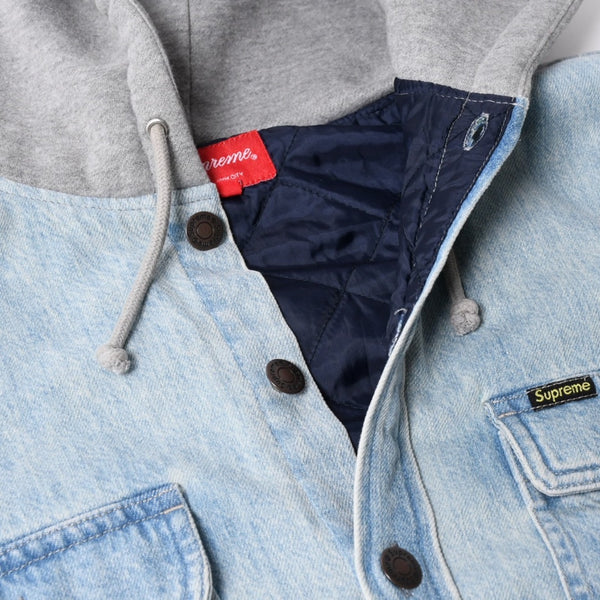 極美品 SUPREME シュプリーム フリースフーデッド デニムシャツ RN101837 Sサイズ フリース ウォッシュ加工 キルティング グレー インディゴブルー 中古 4a006866