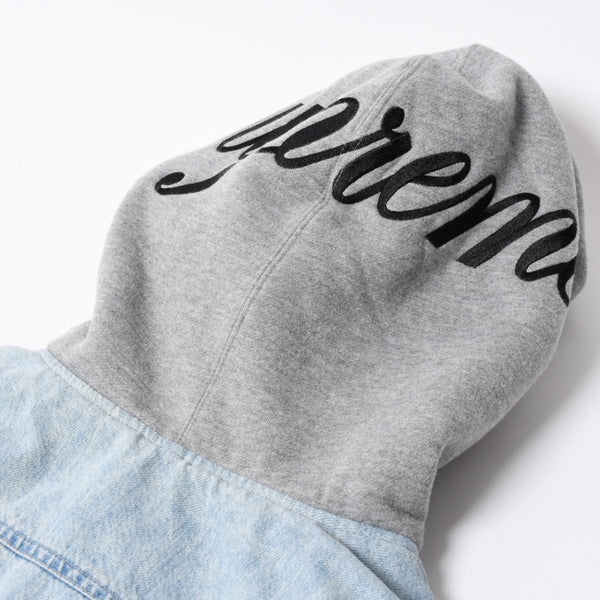 極美品 SUPREME シュプリーム フリースフーデッド デニムシャツ RN101837 Sサイズ フリース ウォッシュ加工 キルティング グレー インディゴブルー 中古 4a006866