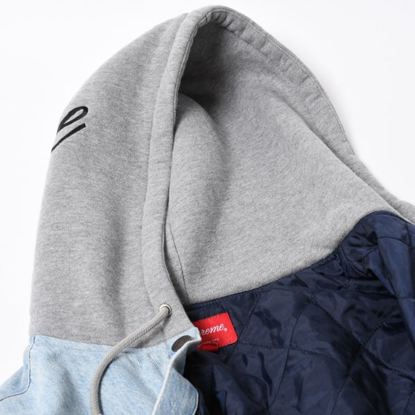 極美品 SUPREME シュプリーム フリースフーデッド デニムシャツ RN101837 Sサイズ フリース ウォッシュ加工 キルティング グレー インディゴブルー 中古 4a006866