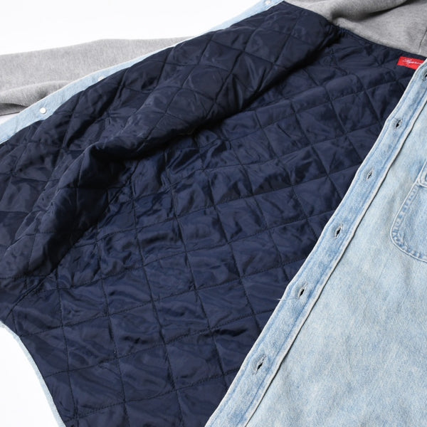 極美品 SUPREME シュプリーム フリースフーデッド デニムシャツ RN101837 Sサイズ フリース ウォッシュ加工 キルティング グレー インディゴブルー 中古 4a006866