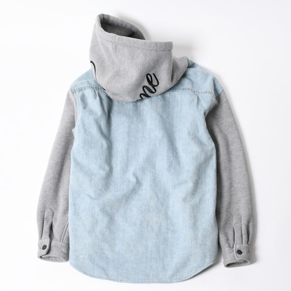 極美品 SUPREME シュプリーム フリースフーデッド デニムシャツ RN101837 Sサイズ フリース ウォッシュ加工 キルティング グレー インディゴブルー 中古 4a006866
