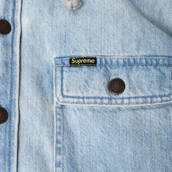 極美品 SUPREME シュプリーム フリースフーデッド デニムシャツ RN101837 Sサイズ フリース ウォッシュ加工 キルティング グレー インディゴブルー 中古 4a006866