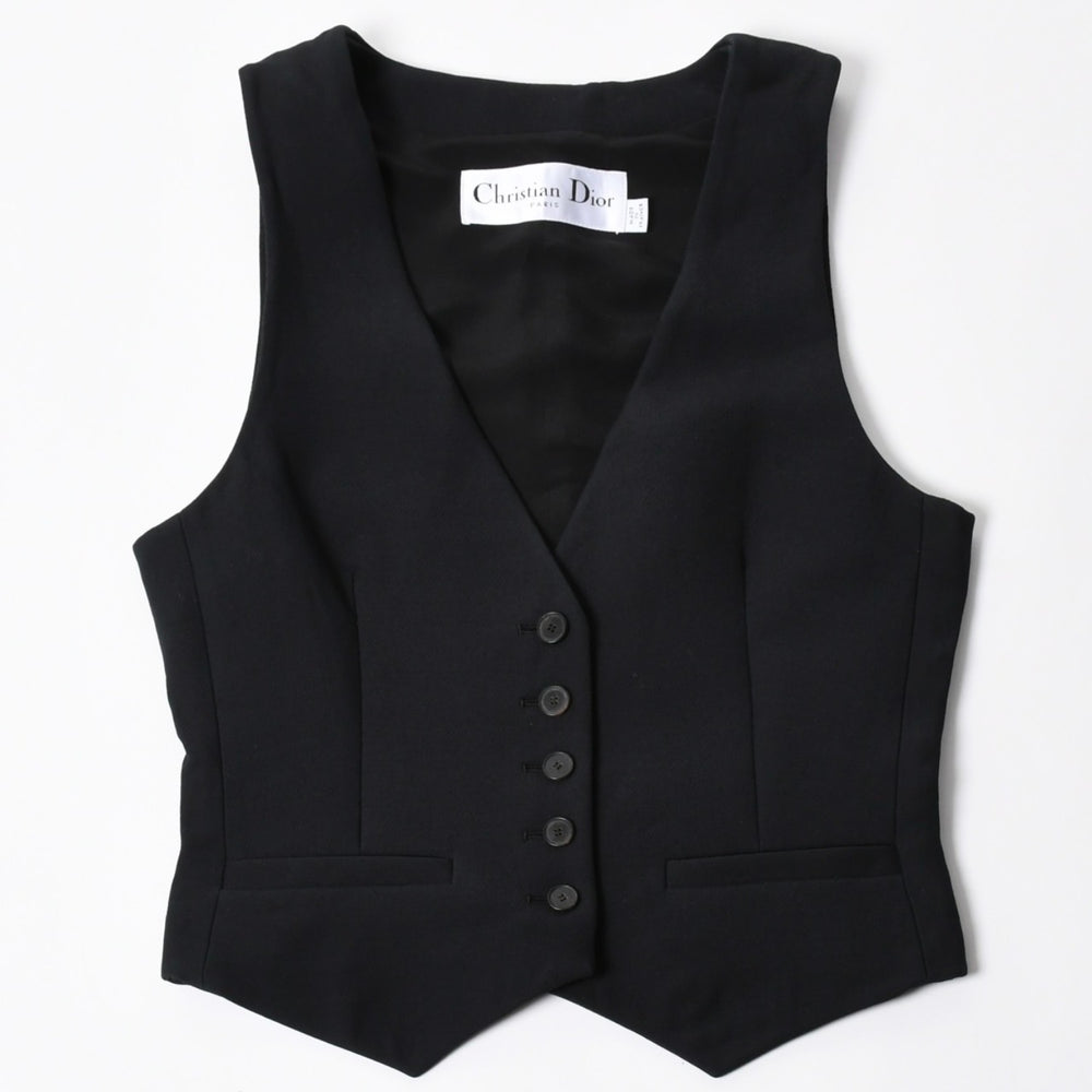 極美品 CHRISTIAN DIOR クリスチャンディオール ベスト 051G24A1166 フランス製 ウール シルク ブラック サイズ34 中古 4a006471