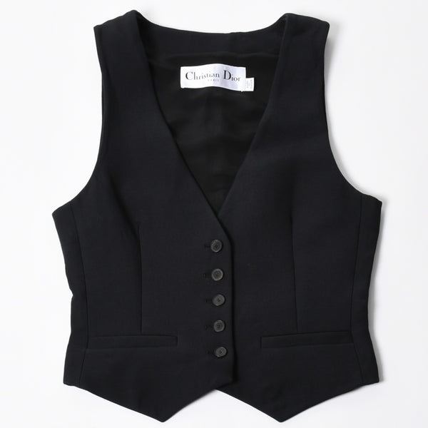 極美品 CHRISTIAN DIOR クリスチャンディオール ベスト 051G24A1166 フランス製 ウール シルク ブラック サイズ34 中古 4a006471