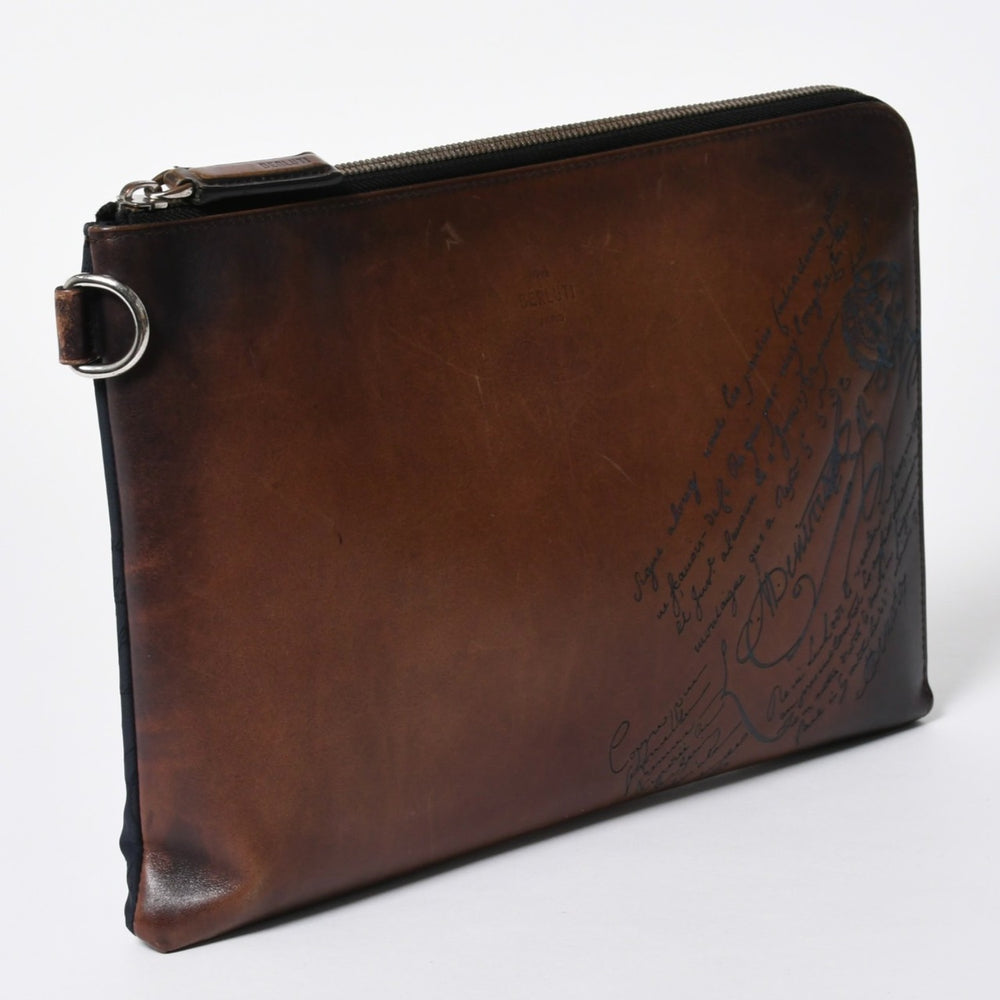 Berluti ベルルッティ クラッチバッグ セカンドバッグ ニノGM ブラウン ネイビー シルバー金具 美品 中古 4a006881