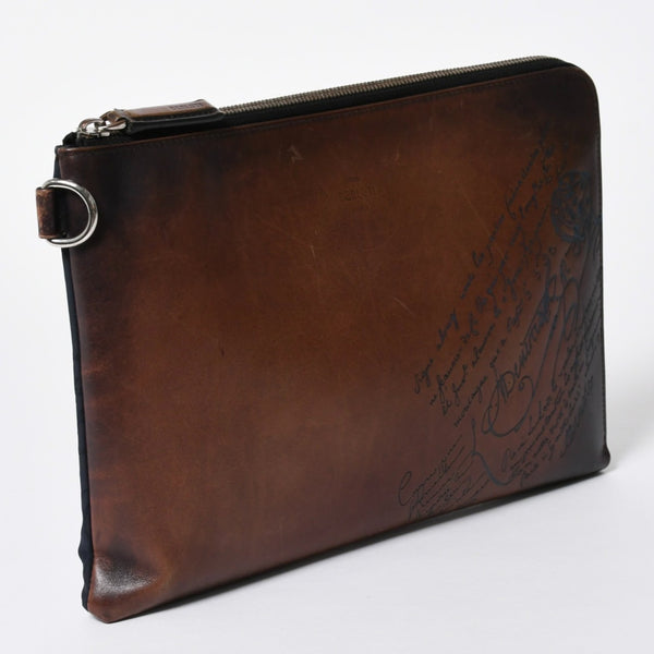 Berluti ベルルッティ クラッチバッグ セカンドバッグ ニノGM ブラウン ネイビー シルバー金具 美品 中古 4a006881