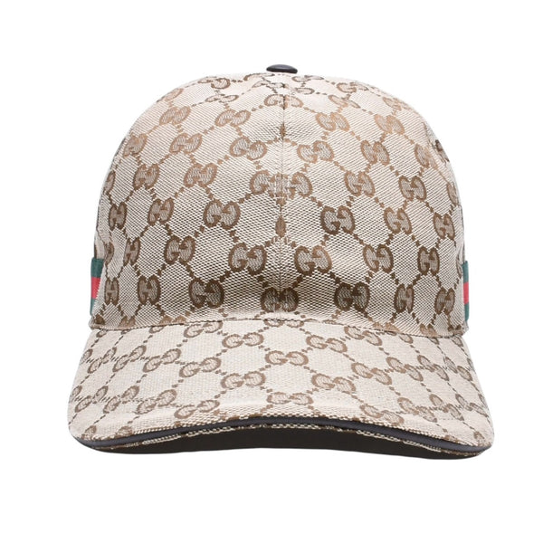 極美品 GUCCI グッチ GGキャンバス ベースボールキャップ 200035 シェリーライン サイズM ベージュ シルバー金具 中古 4a006884