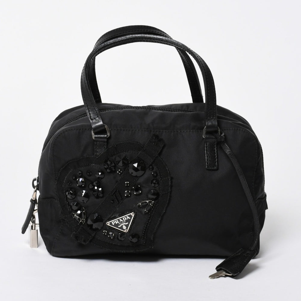 PRADA プラダ ハンドバッグ イヴニングハート BN1134 トライアングルロゴ ナイロン ブラック シルバー金具 美品 中古 4a004852