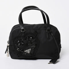 PRADA プラダ ハンドバッグ イヴニングハート BN1134 トライアングルロゴ ナイロン ブラック シルバー金具 美品 中古 4a004852