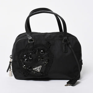 PRADA プラダ ハンドバッグ イヴニングハート BN1134 トライアングルロゴ ナイロン ブラック シルバー金具 美品 中古 4a004852