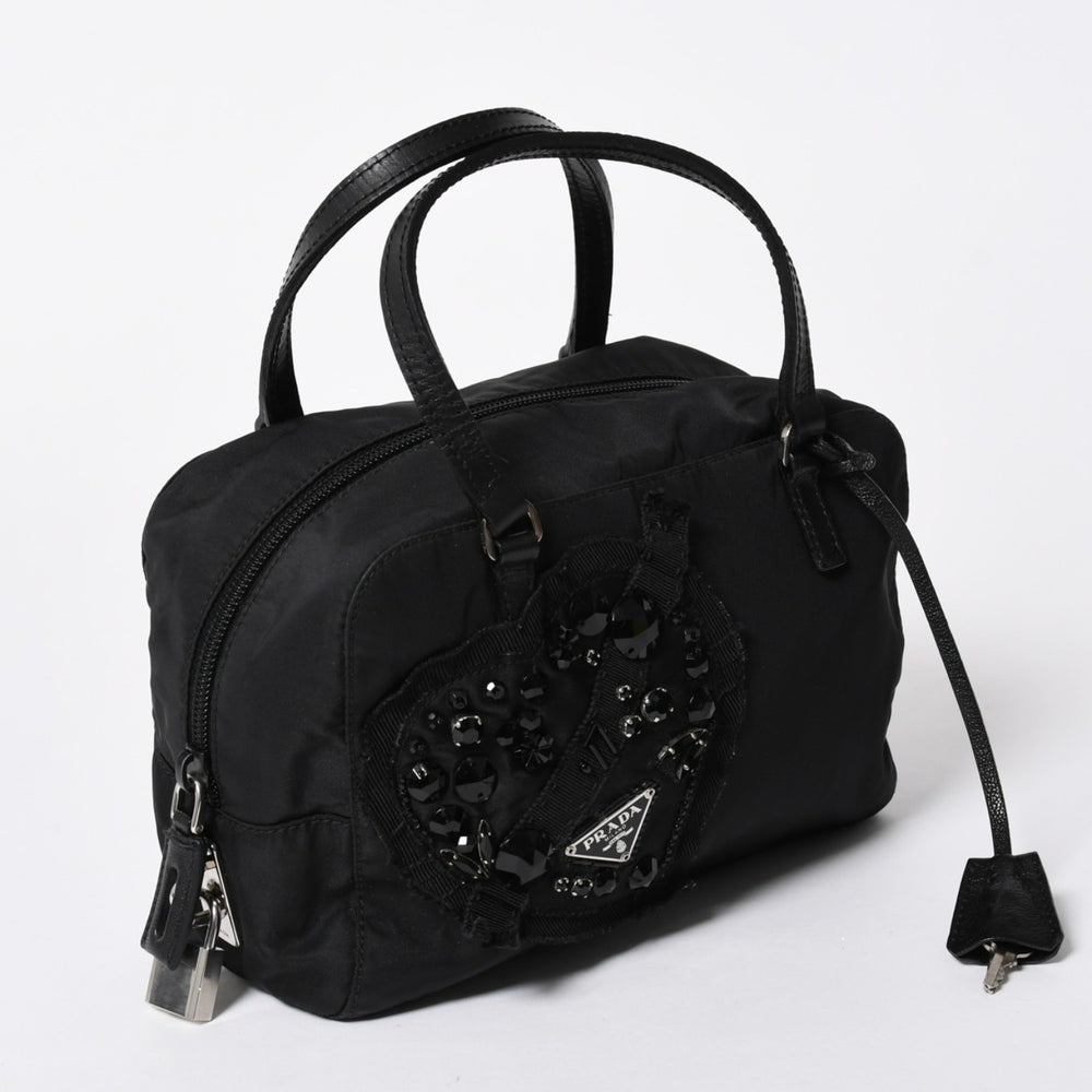 PRADA Handbag Evening Heart BN1134 Triangle Logo Nylon Black Silver Hardware Good Condition Used 4a004852