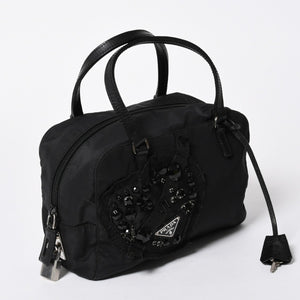 PRADA プラダ ハンドバッグ イヴニングハート BN1134 トライアングルロゴ ナイロン ブラック シルバー金具 美品 中古 4a004852