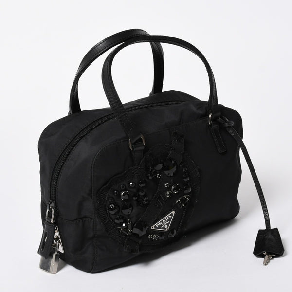 PRADA プラダ ハンドバッグ イヴニングハート BN1134 トライアングルロゴ ナイロン ブラック シルバー金具 美品 中古 4a004852