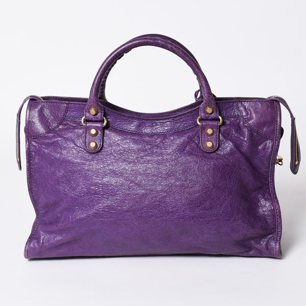 極美品 BALENCIAGA バレンシアガ ザ ジャイアントシティ レザー 2WAY ハンドバッグ ショルダーバッグ パープル ゴールド金具 281770 中古 4a006915