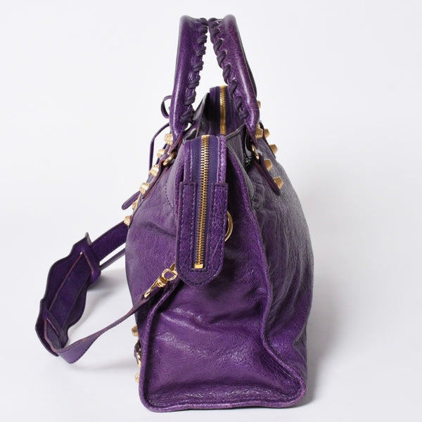 極美品 BALENCIAGA バレンシアガ ザ ジャイアントシティ レザー 2WAY ハンドバッグ ショルダーバッグ パープル ゴールド金具 281770 中古 4a006915