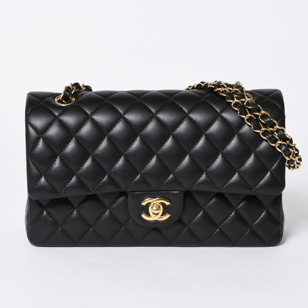 極美品 CHANEL シャネル マトラッセ25 Wフラップ Wチェーンショルダーバッグ ランダム番台 ココマーク ラムスキン ブラック 中古 4a006814