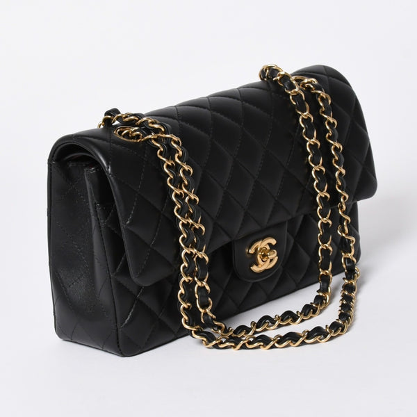 極美品 CHANEL シャネル マトラッセ25 Wフラップ Wチェーンショルダーバッグ ランダム番台 ココマーク ラムスキン ブラック 中古 4a006814