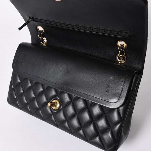 極美品 CHANEL シャネル マトラッセ25 Wフラップ Wチェーンショルダーバッグ ランダム番台 ココマーク ラムスキン ブラック 中古 4a006814