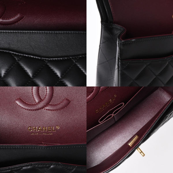 極美品 CHANEL シャネル マトラッセ25 Wフラップ Wチェーンショルダーバッグ ランダム番台 ココマーク ラムスキン ブラック 中古 4a006814