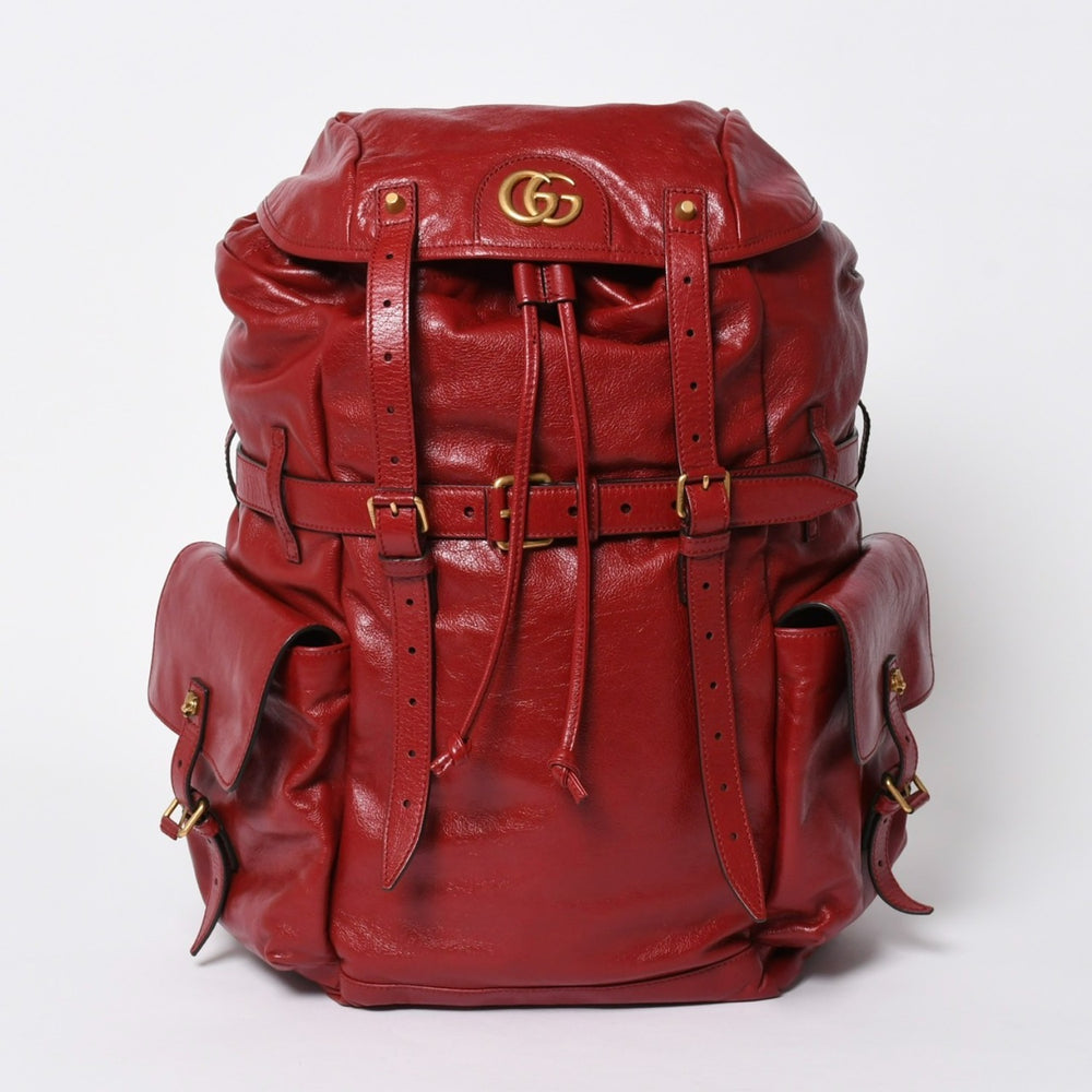 新品同様 GUCCI グッチ バックパック リベル タイガー キャットヘッド GGマーモント 526908 レッド レザー 中古 4a006597