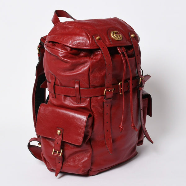 新品同様 GUCCI グッチ バックパック リベル タイガー キャットヘッド GGマーモント 526908 レッド レザー 中古 4a006597