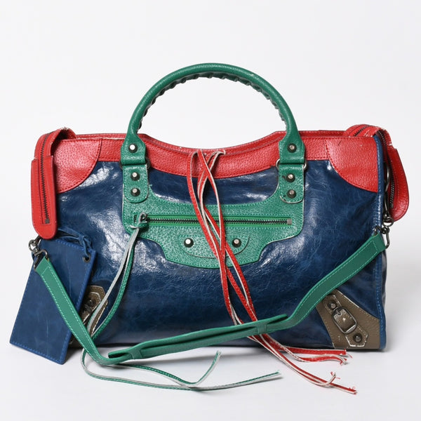 BALENCIAGA バレンシアガ 2WAY ハンドバッグ ショルダーバッグ ファースト 115748 ラムスキン ブルー グリーン レッド シルバー金具 美品 中古 4a006919