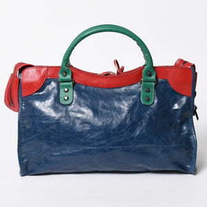 BALENCIAGA バレンシアガ 2WAY ハンドバッグ ショルダーバッグ ファースト 115748 ラムスキン ブルー グリーン レッド シルバー金具 美品 中古 4a006919