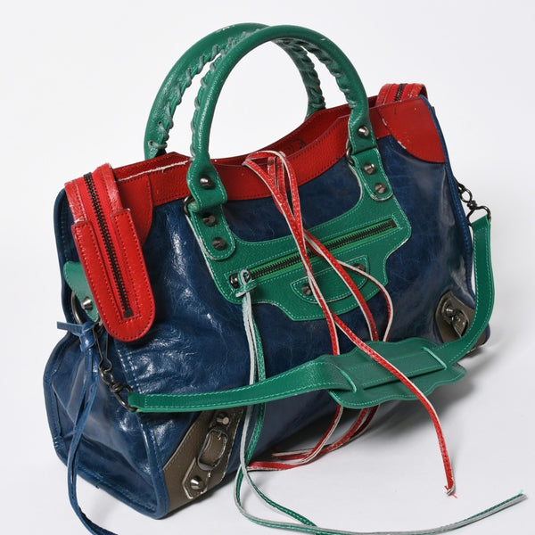 BALENCIAGA バレンシアガ 2WAY ハンドバッグ ショルダーバッグ ファースト 115748 ラムスキン ブルー グリーン レッド シルバー金具 美品 中古 4a006919