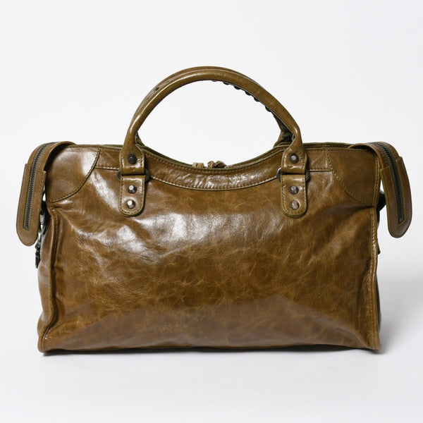 極美品 BALENCIAGA バレンシアガ ザ シティ ハンドバッグ 115748 カーキ オリーブ シルバー金具 中古 4a006918