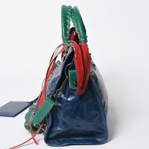 BALENCIAGA バレンシアガ 2WAY ハンドバッグ ショルダーバッグ ファースト 115748 ラムスキン ブルー グリーン レッド シルバー金具 美品 中古 4a006919