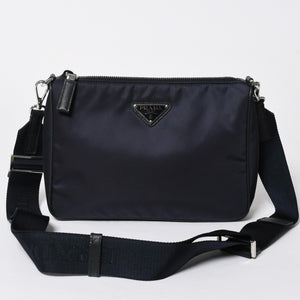 極美品 PRADA プラダ ショルダーバッグ トライアングルロゴ ナイロン レザー ネイビー シルバー金具 中古 4a006942