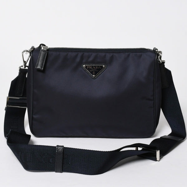 極美品 PRADA プラダ ショルダーバッグ トライアングルロゴ ナイロン レザー ネイビー シルバー金具 中古 4a006942
