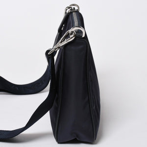 極美品 PRADA プラダ ショルダーバッグ トライアングルロゴ ナイロン レザー ネイビー シルバー金具 中古 4a006942