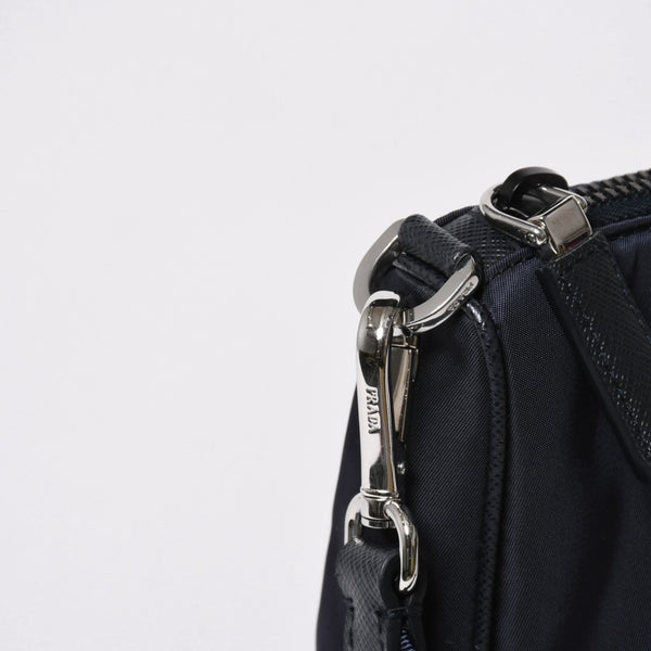 極美品 PRADA プラダ ショルダーバッグ トライアングルロゴ ナイロン レザー ネイビー シルバー金具 中古 4a006942