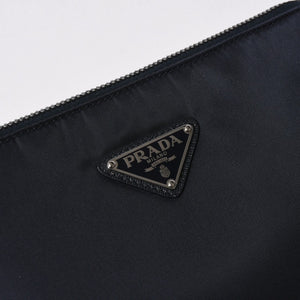 極美品 PRADA プラダ ショルダーバッグ トライアングルロゴ ナイロン レザー ネイビー シルバー金具 中古 4a006942