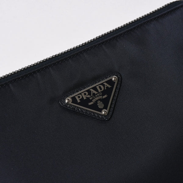 極美品 PRADA プラダ ショルダーバッグ トライアングルロゴ ナイロン レザー ネイビー シルバー金具 中古 4a006942