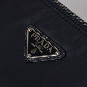 極美品 PRADA プラダ ショルダーバッグ トライアングルロゴ ナイロン レザー ネイビー シルバー金具 中古 4a006942