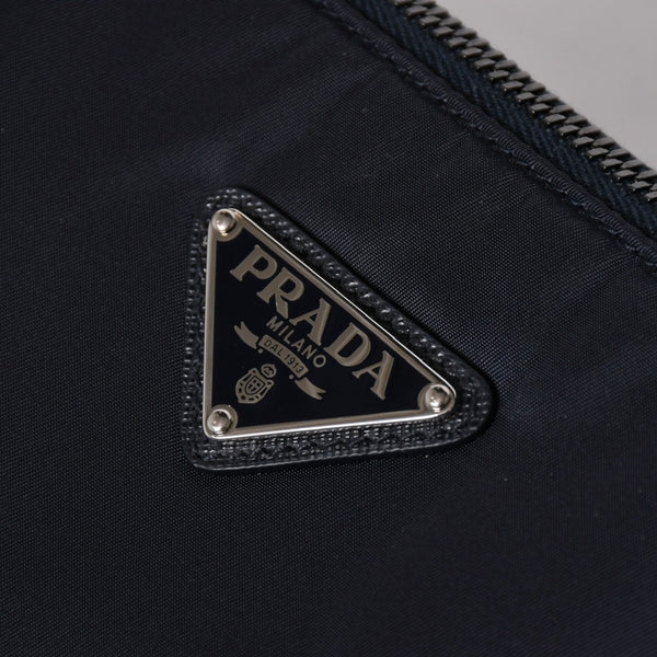 極美品 PRADA プラダ ショルダーバッグ トライアングルロゴ ナイロン レザー ネイビー シルバー金具 中古 4a006942
