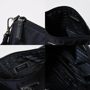 極美品 PRADA プラダ ショルダーバッグ トライアングルロゴ ナイロン レザー ネイビー シルバー金具 中古 4a006942