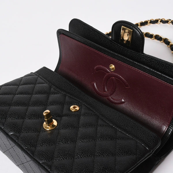 極美品 CHANEL シャネル マトラッセ23 Wフラップ Wチェーンショルダーバッグ 28番台 ココマーク キャビアスキン ブラック 中古 4a007112